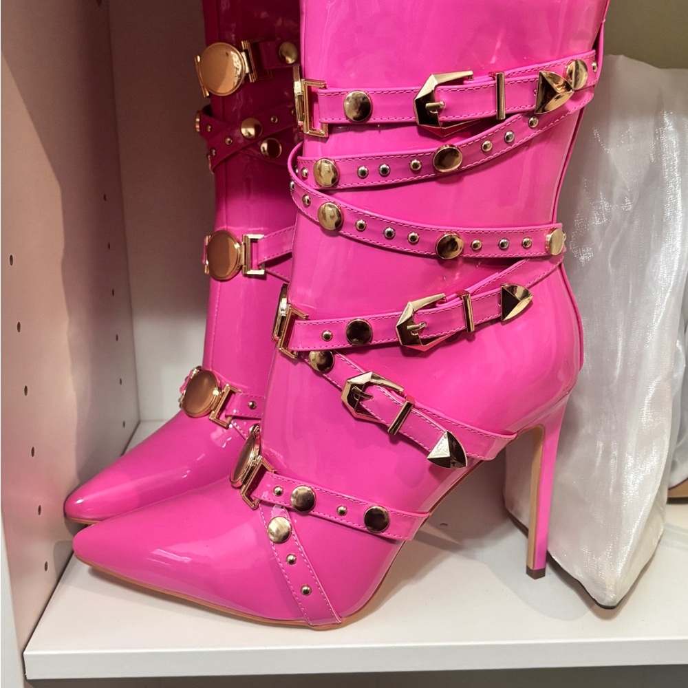 Bold Pink Strappy Heeled Boots